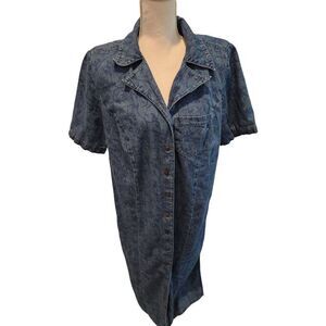 Vintage 90s Long Blue Demin Button Up Maxi Shirt Dress Size XL Floral Pattern